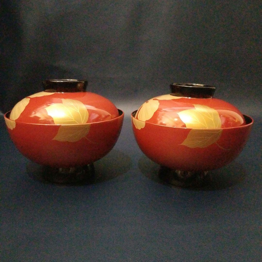 能登輪島塗 朱漆内黒 芙蓉花蒔絵のお椀 5客