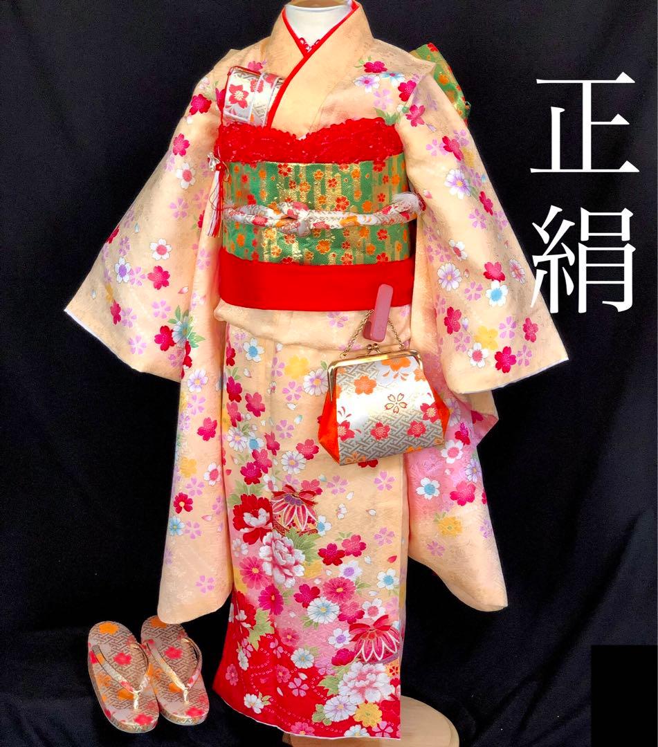 【正絹】 七五三　7歳　絵羽　桜　刺繍　着物　四つ身　作り帯　セット　女の子
