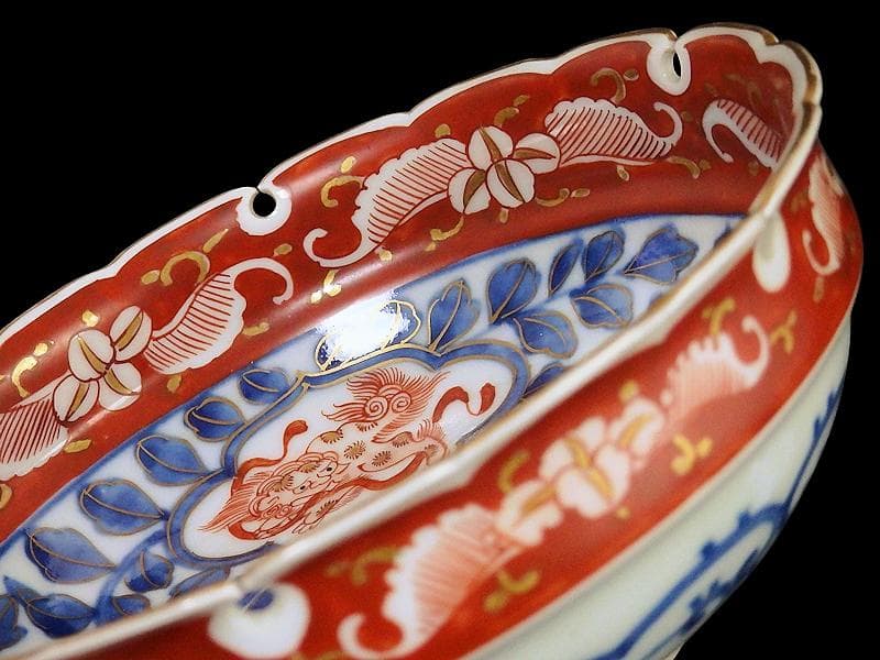 大聖寺伊万里　染錦　獅子に葉唐草の図 　雪輪膾皿　165AS-CTj