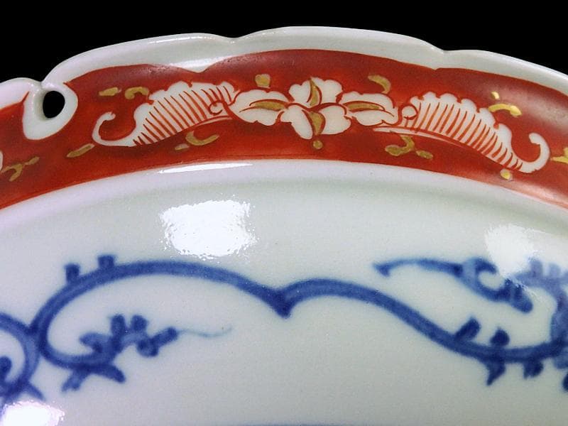 大聖寺伊万里　染錦　獅子に葉唐草の図 　雪輪膾皿　165AS-CTj