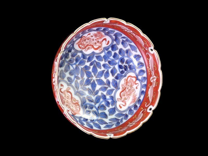 大聖寺伊万里　染錦　獅子に葉唐草の図 　雪輪膾皿　165AS-CTj