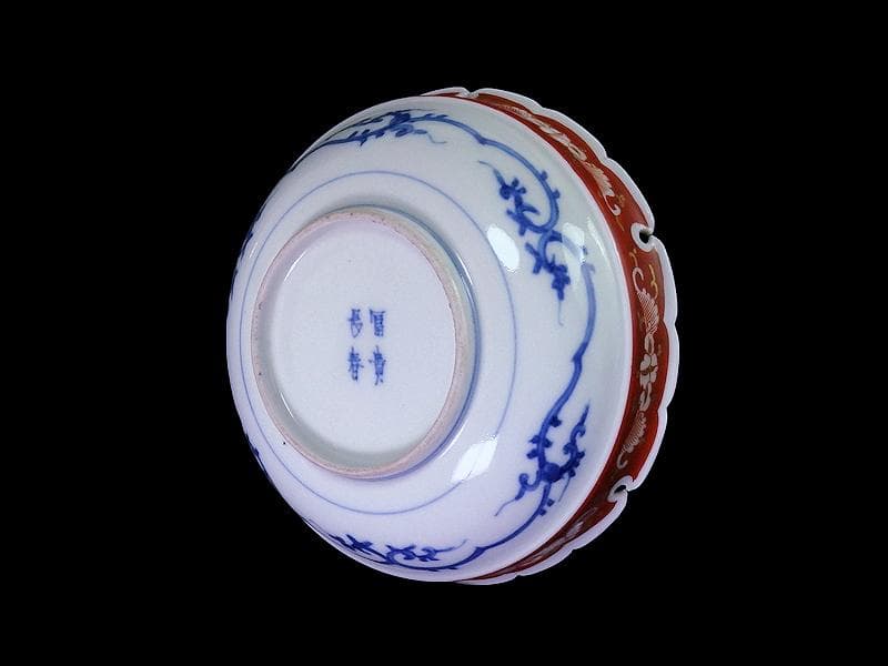 大聖寺伊万里　染錦　獅子に葉唐草の図 　雪輪膾皿　165AS-CTj