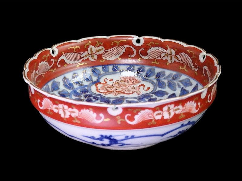 大聖寺伊万里　染錦　獅子に葉唐草の図 　雪輪膾皿　165AS-CTj