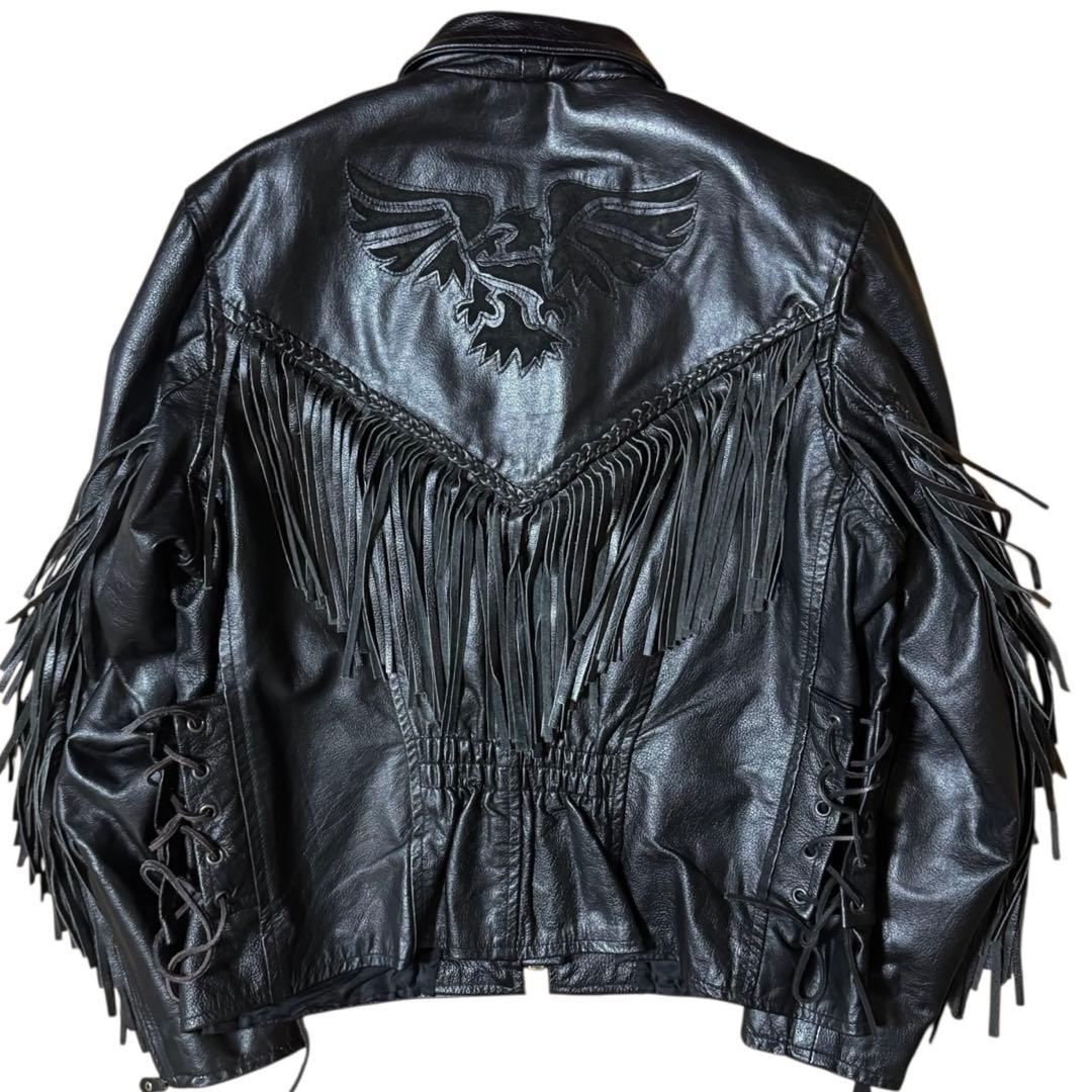 ビンテージ フリンジ レザージャケット 本革 レースアップ ブラック 襟付き