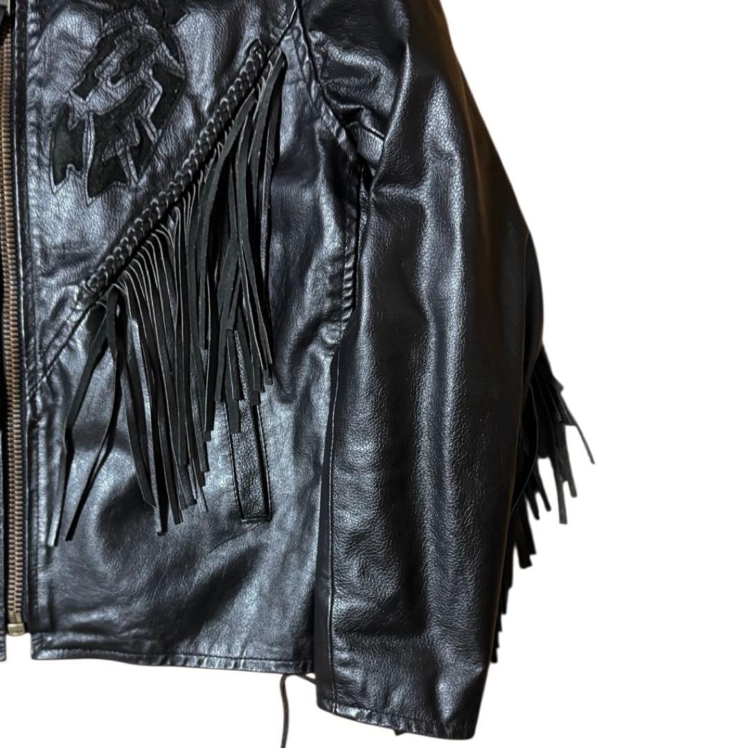 ビンテージ フリンジ レザージャケット 本革 レースアップ ブラック 襟付き