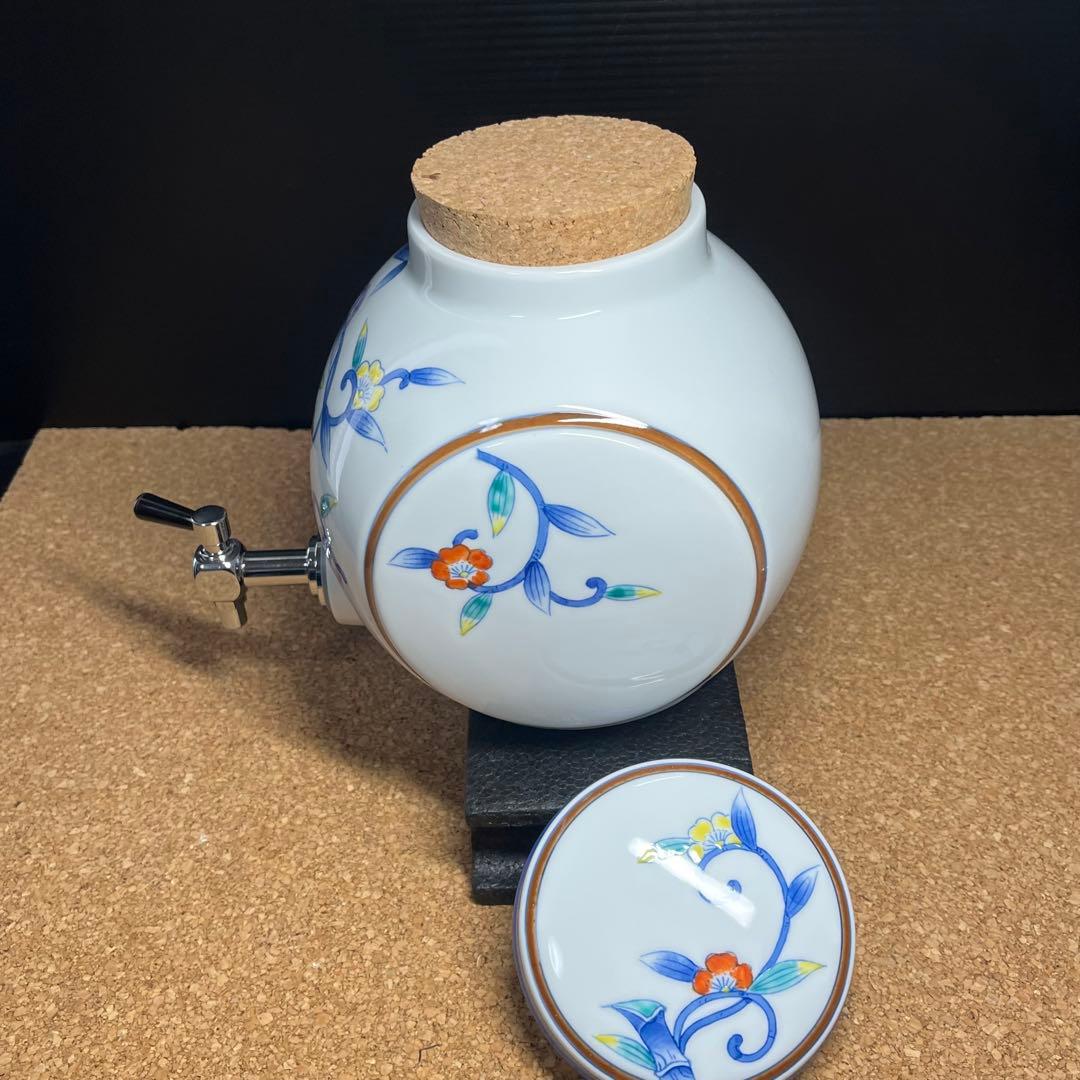 未使用】有田焼.華山萬右衛門窯 染錦枝花酒器/陶器製花枝保冷サーバーセット