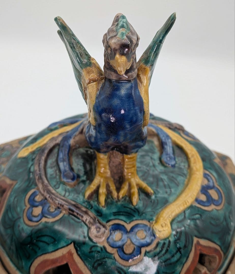 江戸期 古九谷 青手鳳凰摘三足香炉 合箱 角福 九谷焼 色絵窓絵 山水図人物花鳥