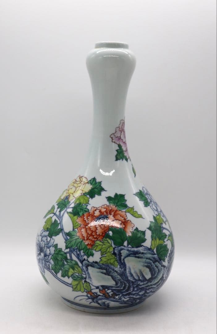 中国　とう彩　花卉紋蒜頭瓶　乾隆年製銘　送料込み250510