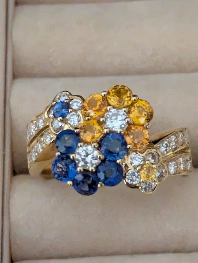 mayuブルーイエローサファイアダイヤモンドフラワーデザイン K18リング