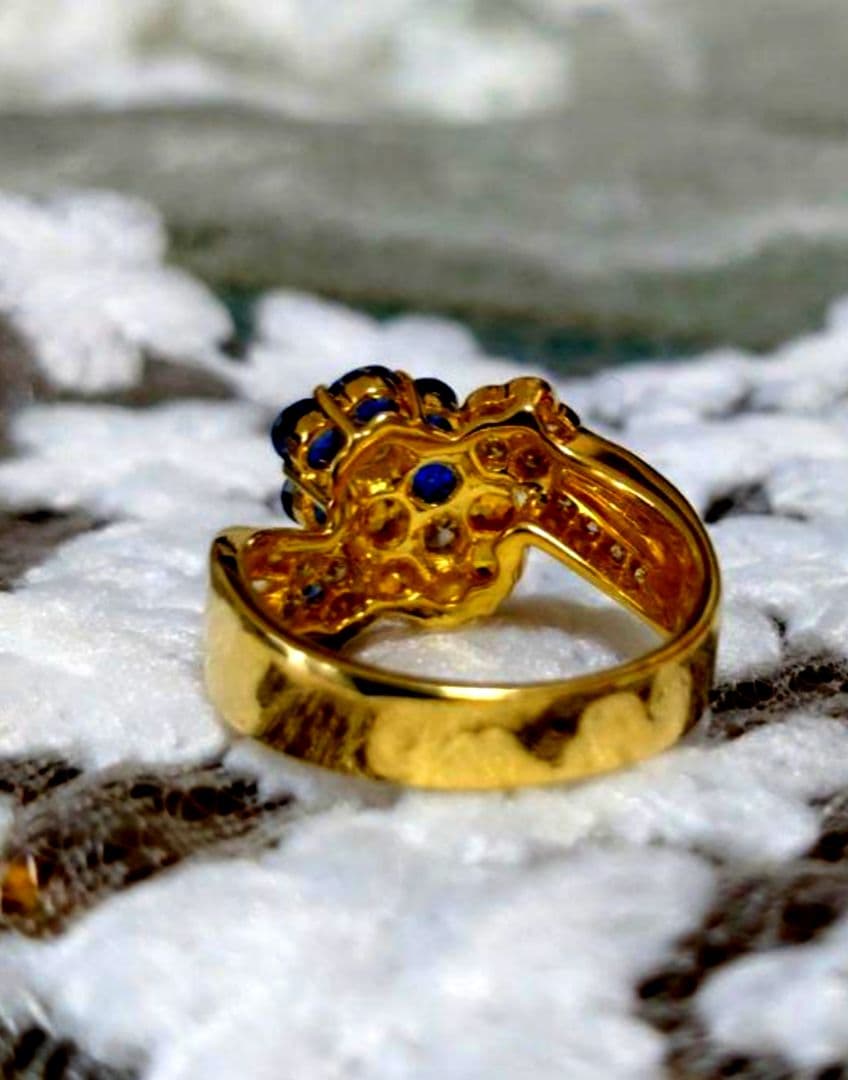 mayuブルーイエローサファイアダイヤモンドフラワーデザイン K18リング