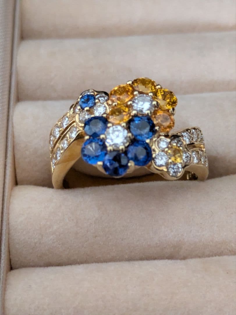 mayuブルーイエローサファイアダイヤモンドフラワーデザイン K18リング
