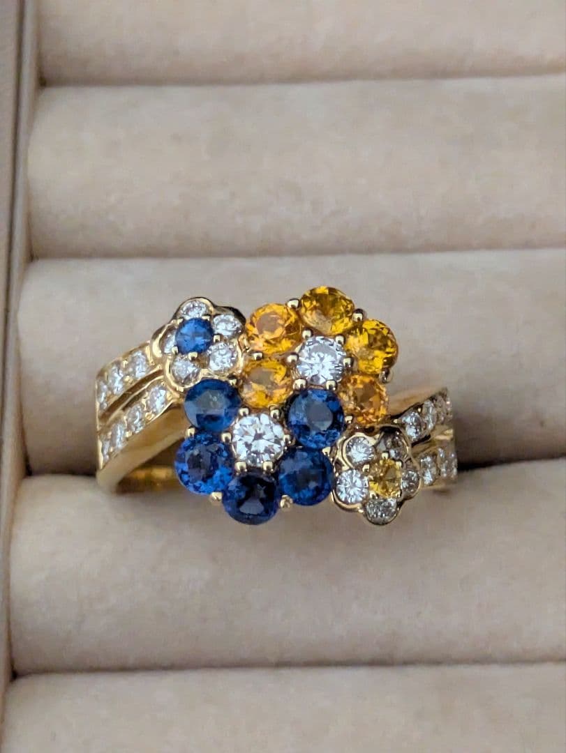 mayuブルーイエローサファイアダイヤモンドフラワーデザイン K18リング