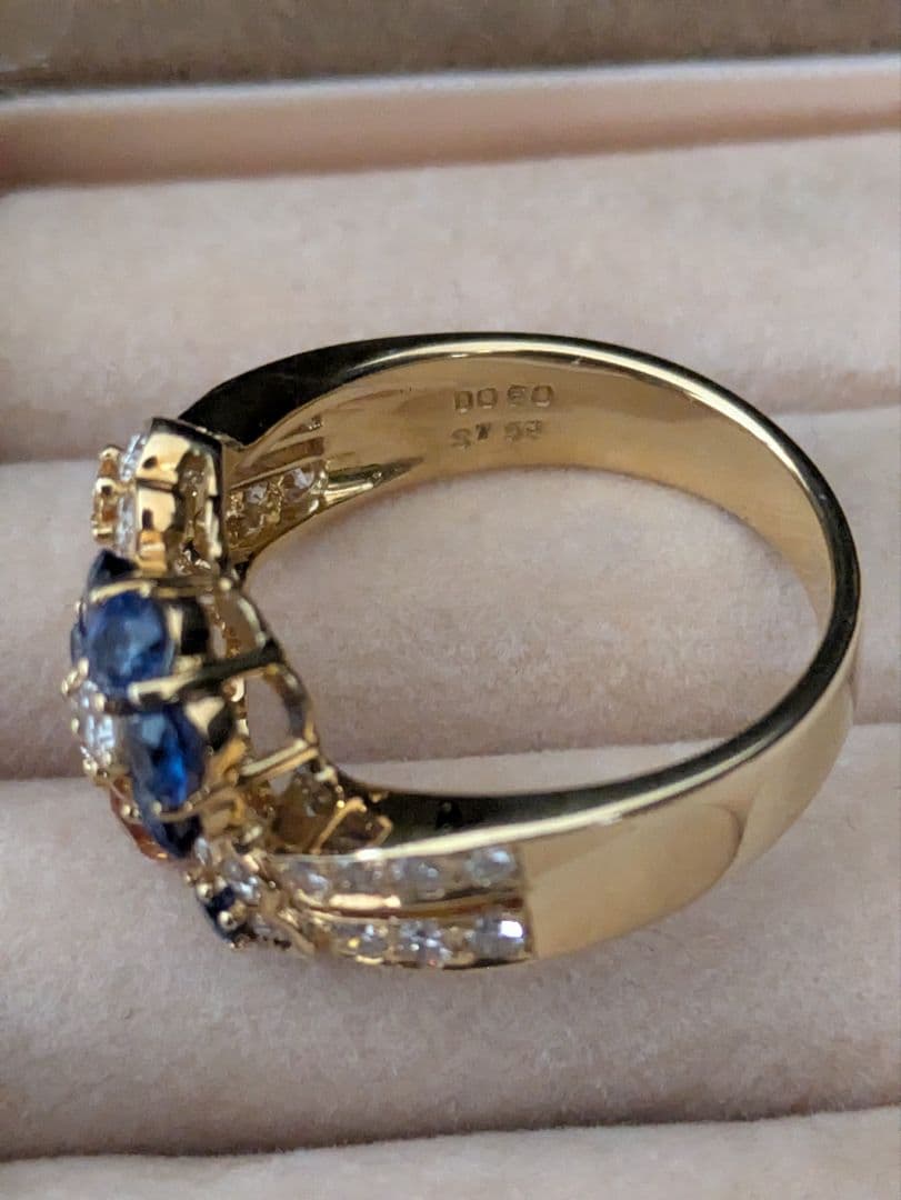 mayuブルーイエローサファイアダイヤモンドフラワーデザイン K18リング