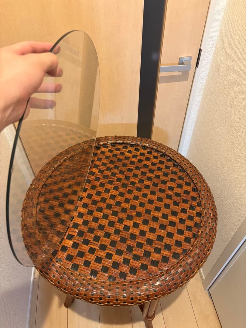 アンティーク　バリ家具　ガラステーブル　籐家具　ラタン　ヴィンテージ