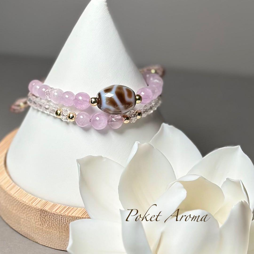 『心精』亀甲蓮花天珠とクンツァイトのマクラメブレスレット