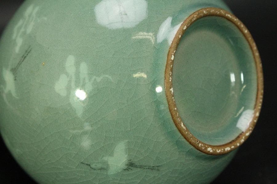 朝鮮美術 青磁 雲鶴紋 梅瓶 高22.5cm 東南陶窯 古堂趙斗彦(メ1155)