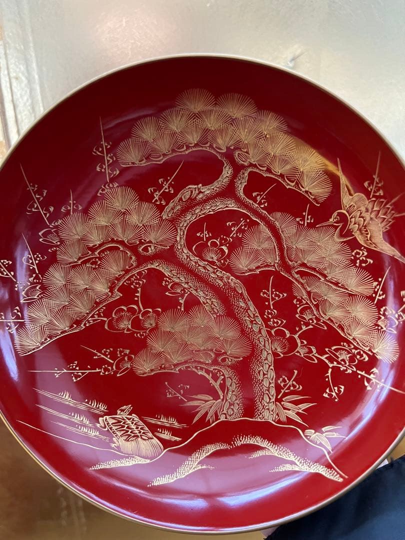 朱塗沈金鶴亀松竹梅文　盃台　五ツ組盃　木箱付　明治時代