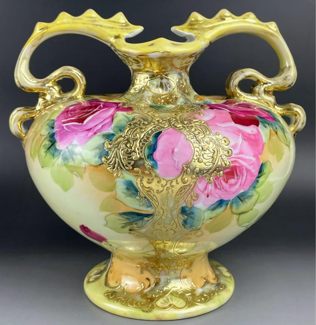 【大型】オールドニッポン 約２２cm アールヌーボー薔薇紋 花瓶 バラ