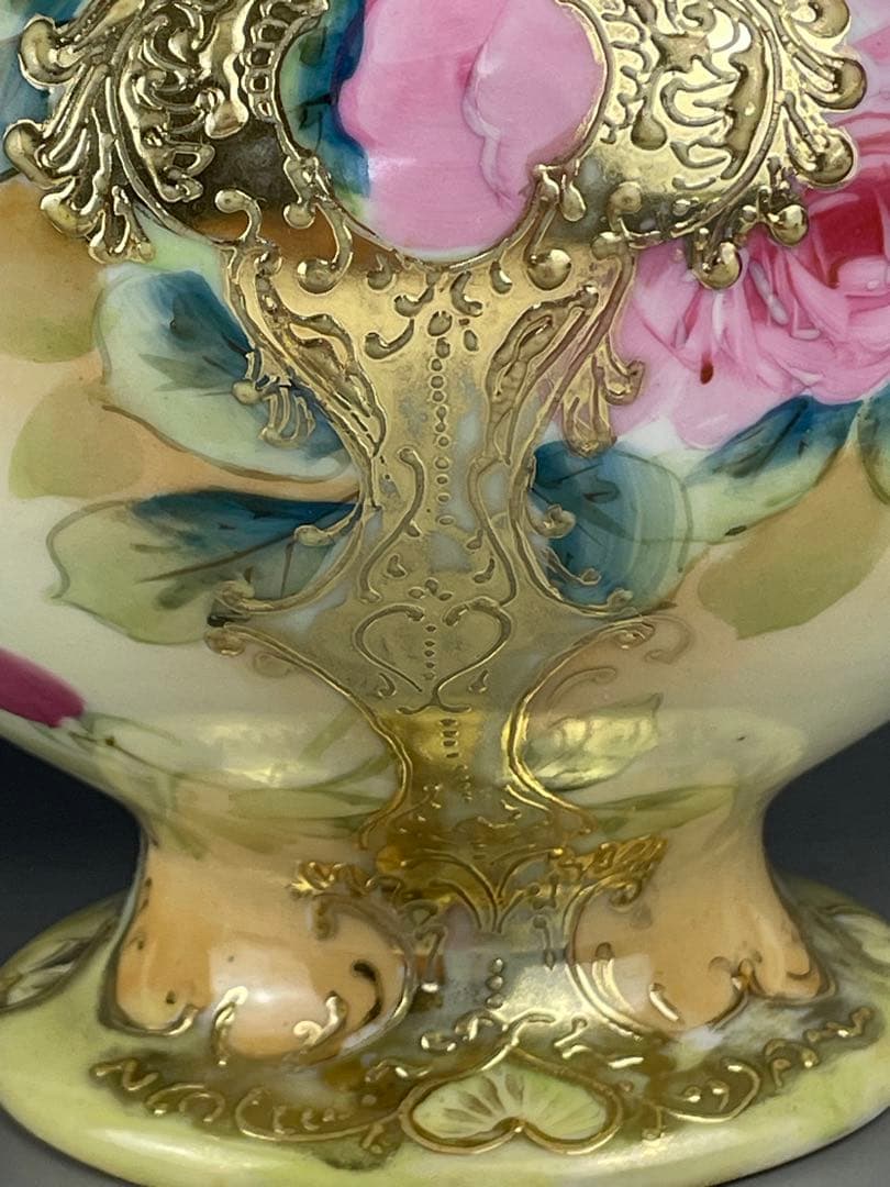 【大型】オールドニッポン 約２２cm アールヌーボー薔薇紋 花瓶 バラ