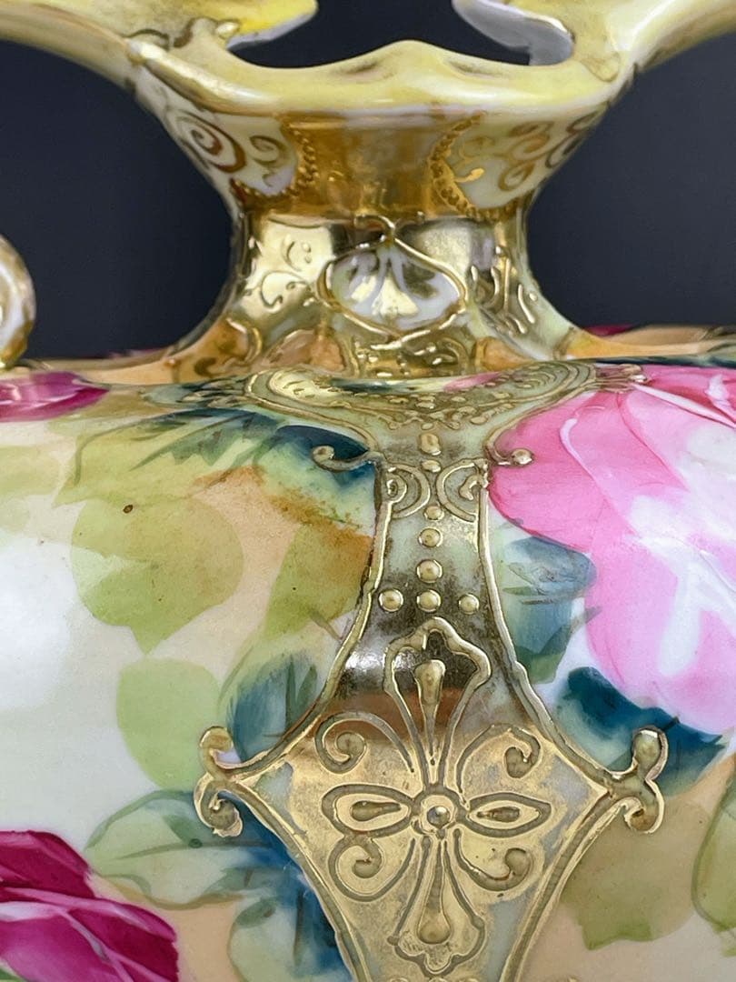 【大型】オールドニッポン 約２２cm アールヌーボー薔薇紋 花瓶 バラ