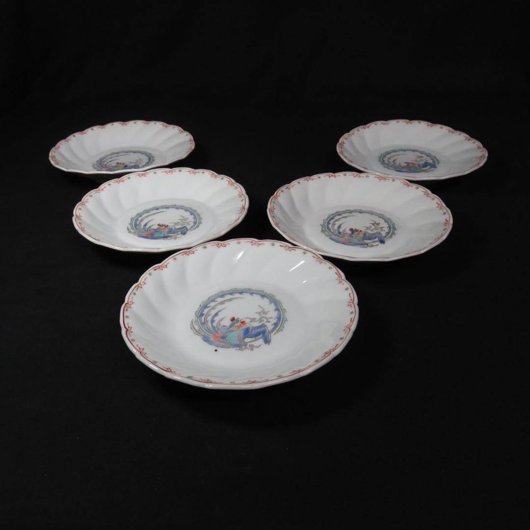 鳳凰 皿 5枚 窯傷 色絵付 銘 古伊万里 明治