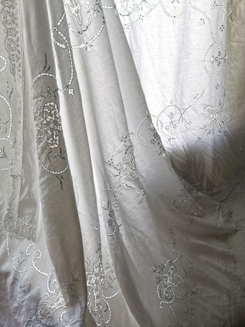 アンティーク ポワンドベニス オープンワーク水色刺繍 超大判クロス フィレレース