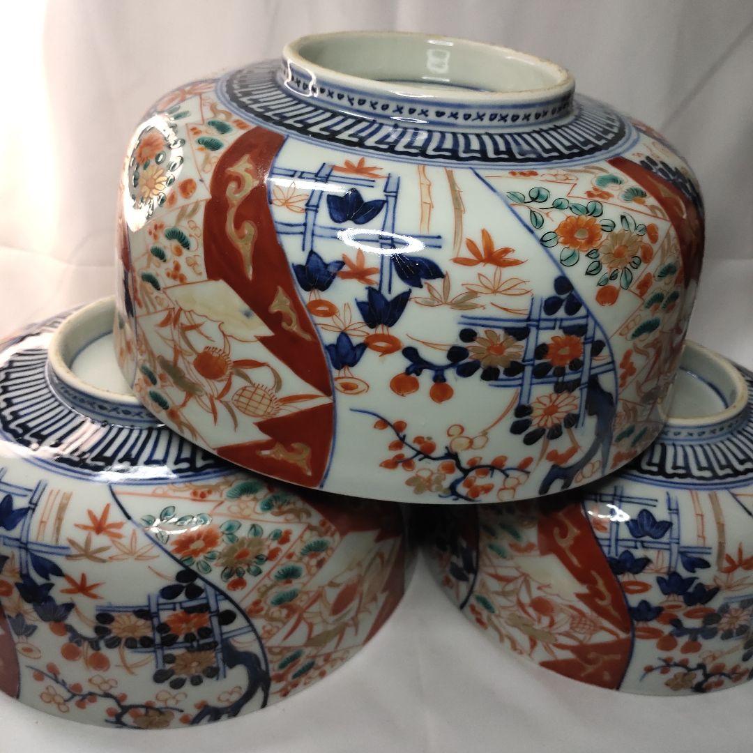 古伊万里焼 錦出三つ鉢 色絵金彩 手書き 明治中期 アンティーク 古美術美品