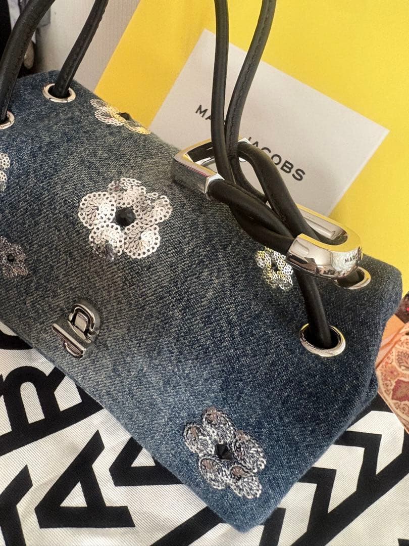 デニム花刺繍ボックス型ハンドバッグ