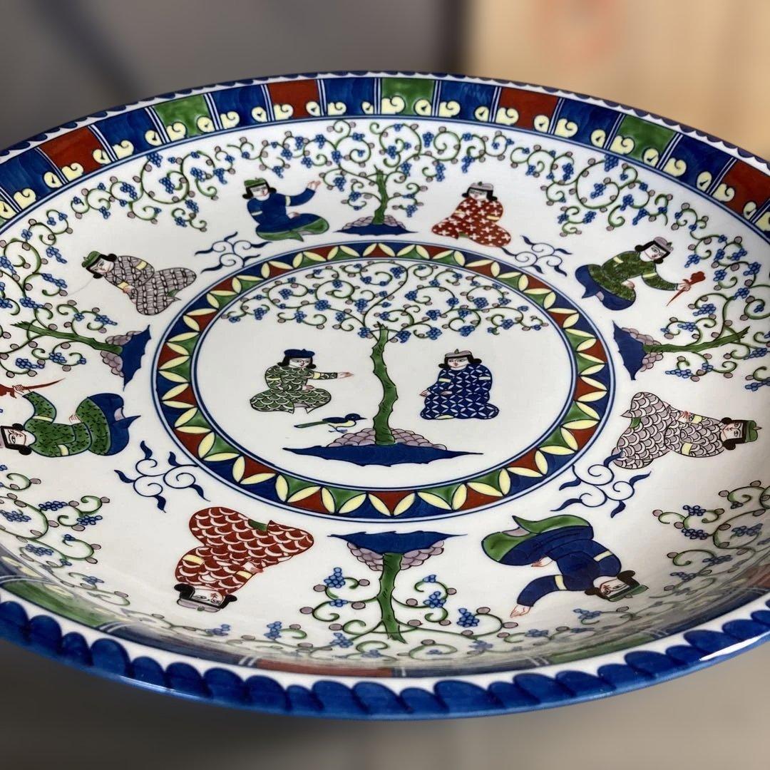 【源右衛門】古伊万里の伝統　名窯　舘林源右衛門作　染錦ミナイ手樹下美人図　特大皿