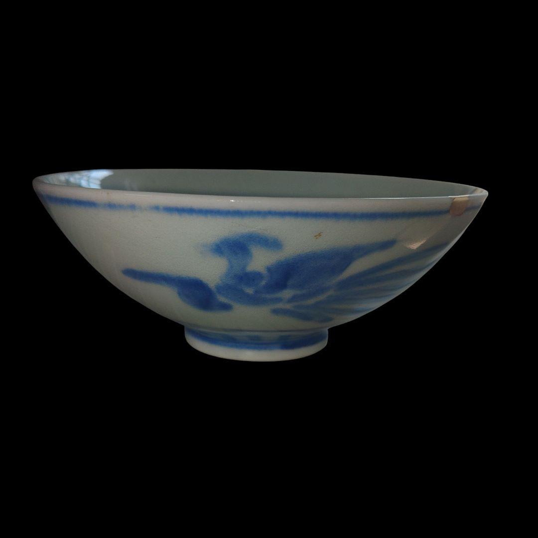 李朝?　不死鳥染付白磁茶碗　古美術