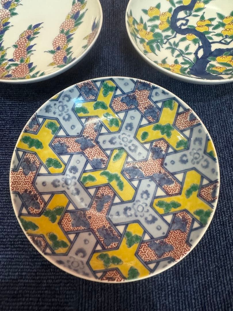 1647 其泉　色絵三方がらみ桐文皿　橘文皿　小手毬文皿