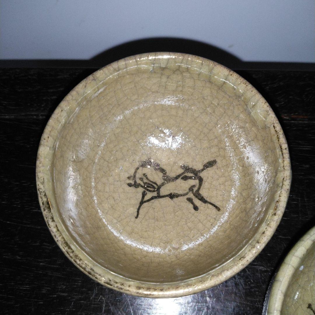 NO588 大堀相馬焼　古相馬　勿来手　鮫肌　湯呑み　5点　明治期