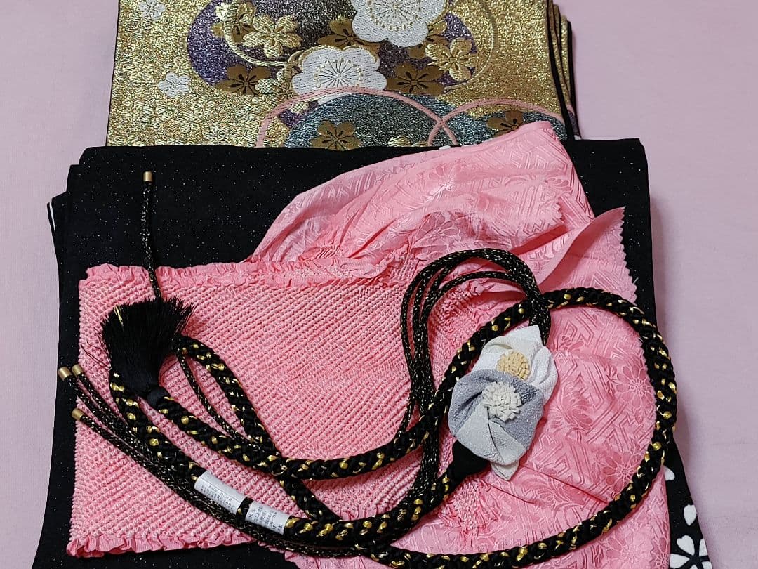 大人可愛い♥️振袖　袋帯　帯揚げ　帯締め　黒ラメ　白