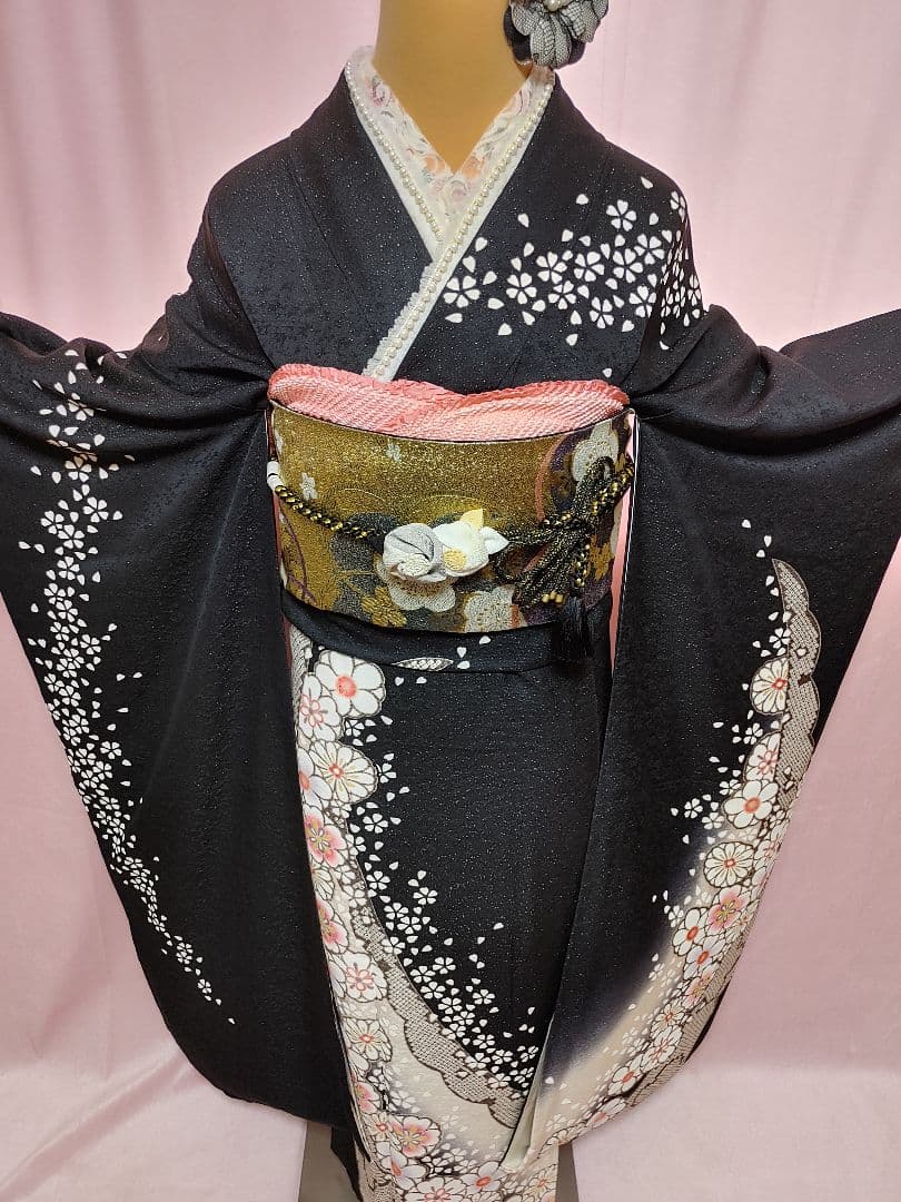 大人可愛い♥️振袖　袋帯　帯揚げ　帯締め　黒ラメ　白