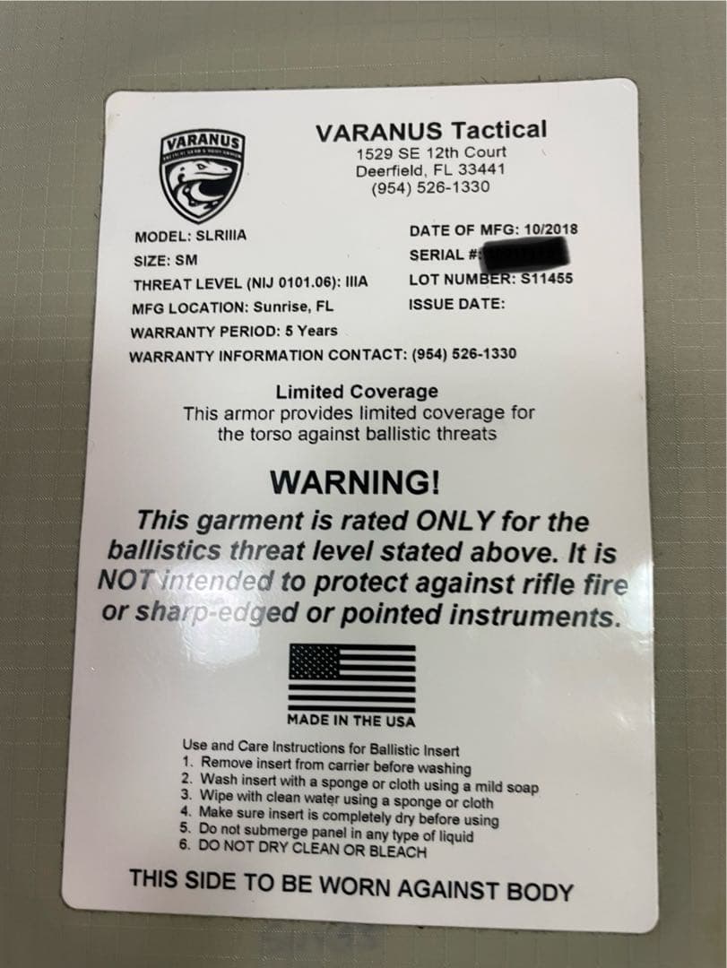 実物 VARANUS Tactical ソフトアーマー プレート米国製 M94