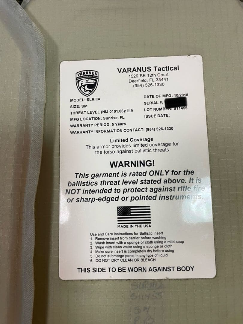 実物 VARANUS Tactical ソフトアーマー プレート米国製 M94