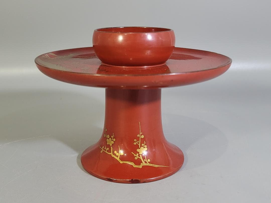 DT589 茶道具 朱塗 松竹梅蒔絵 天目台 時代物