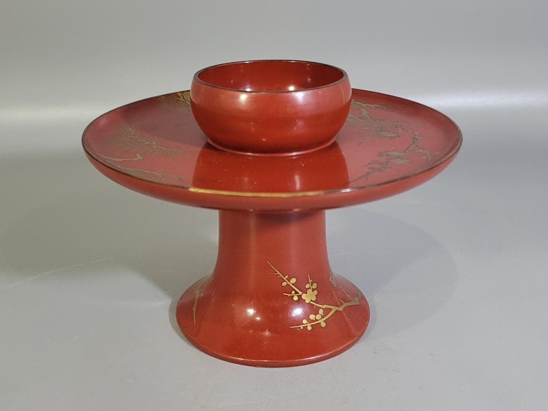 DT589 茶道具 朱塗 松竹梅蒔絵 天目台 時代物