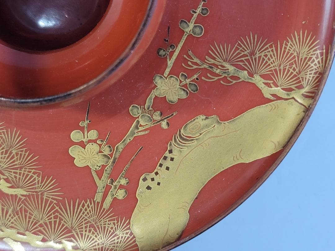 DT589 茶道具 朱塗 松竹梅蒔絵 天目台 時代物
