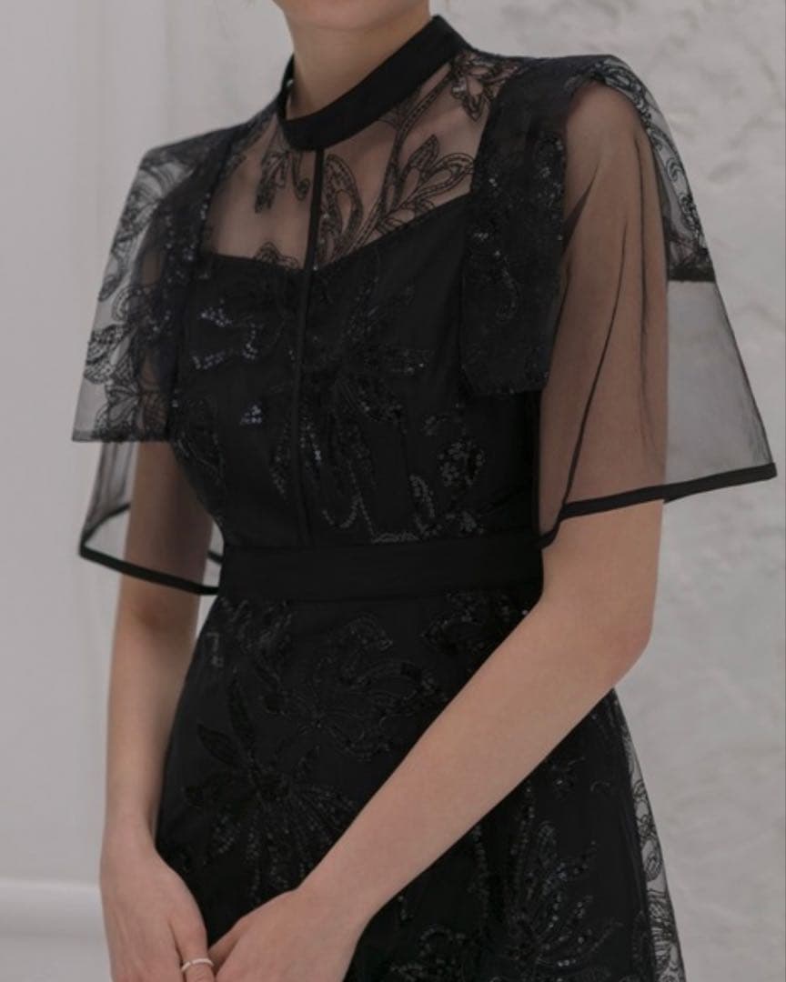 [新品] Leja フラップデザインフラワースパンコールAラインワンピースドレス