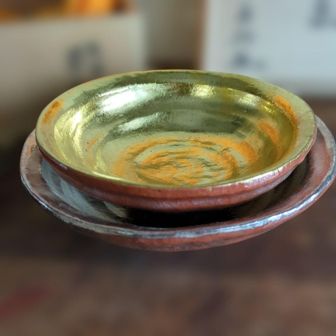 嶋台茶碗 金銀 茶道具 茶碗 セット 銀色 赤色 陶器 慶楽 木箱 在銘