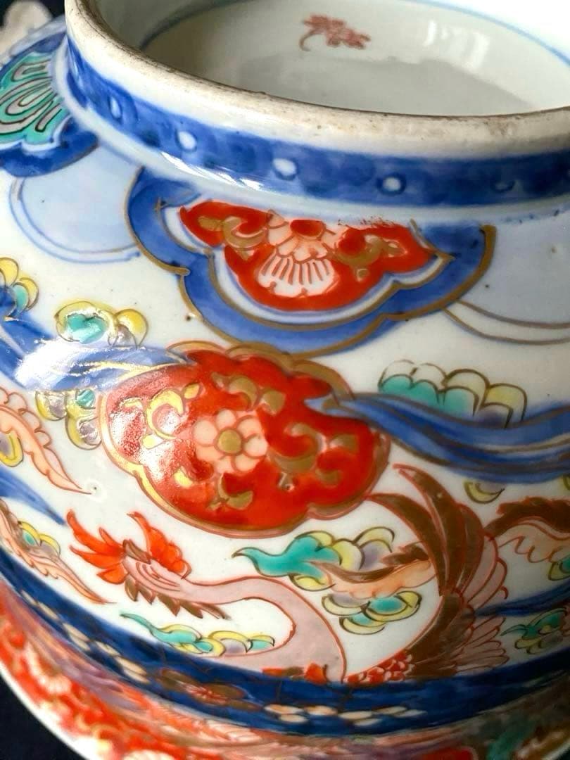 時代物骨董　古伊万里　豪華絢爛染錦金襴手・色絵大鉢　鳳凰飛翔図　飾り鉢　幕末明治