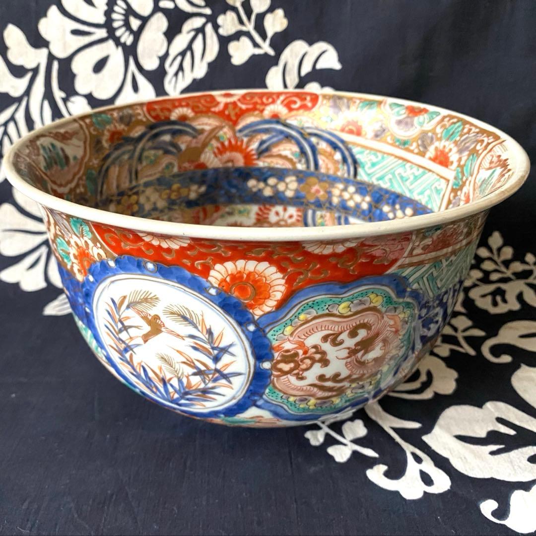 時代物骨董　古伊万里　豪華絢爛染錦金襴手・色絵大鉢　鳳凰飛翔図　飾り鉢　幕末明治