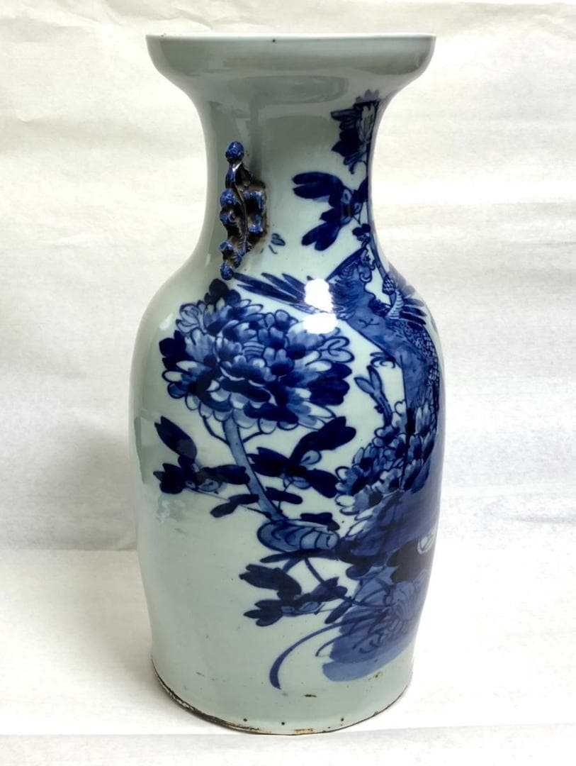清時代中期 古染付 牡丹花鳥紋様 磁器大花瓶 呉須 入手困難 WWTT202