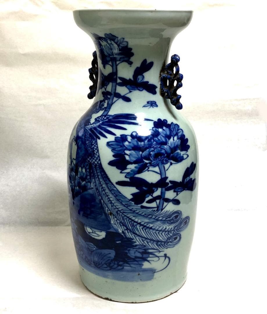 清時代中期 古染付 牡丹花鳥紋様 磁器大花瓶 呉須 入手困難 WWTT202