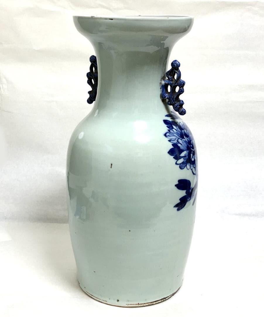 清時代中期 古染付 牡丹花鳥紋様 磁器大花瓶 呉須 入手困難 WWTT202