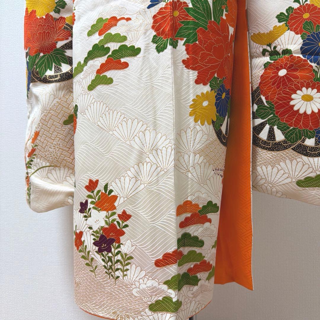 6 振袖フルセット 正絹 オフホワイト 橙 金彩 駒刺繍 刺繍 レトロ 古典