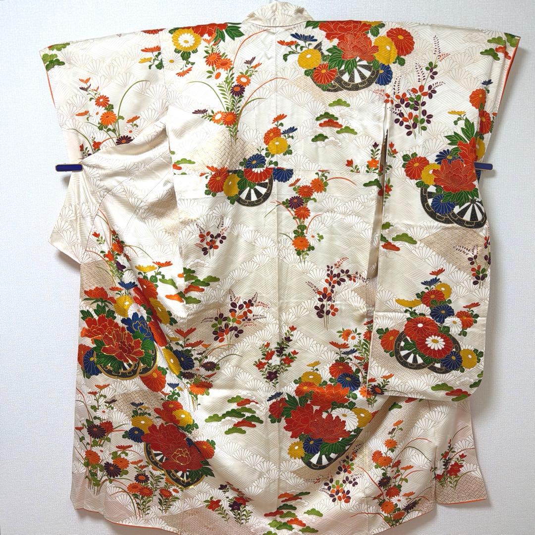 6 振袖フルセット 正絹 オフホワイト 橙 金彩 駒刺繍 刺繍 レトロ 古典