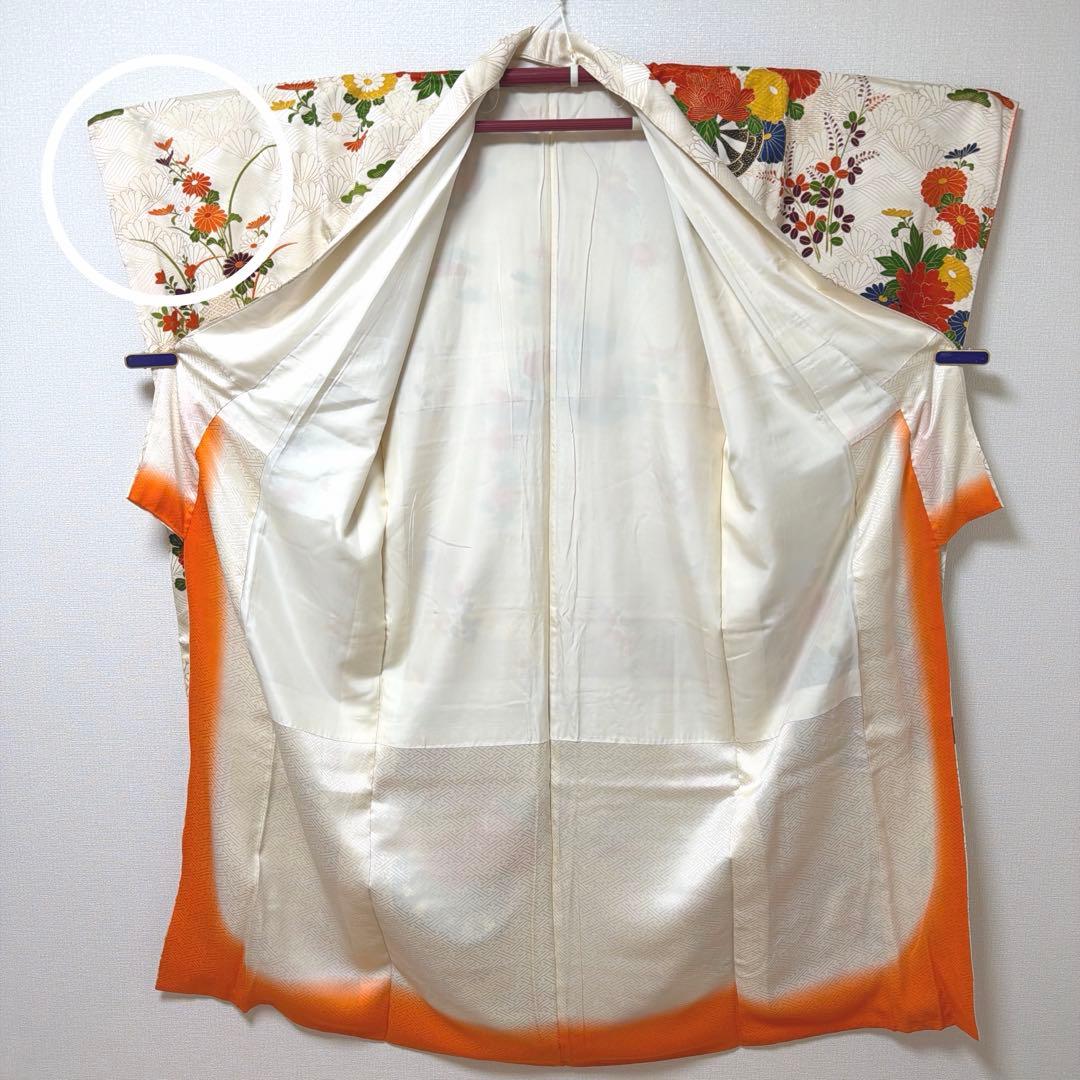 6 振袖フルセット 正絹 オフホワイト 橙 金彩 駒刺繍 刺繍 レトロ 古典