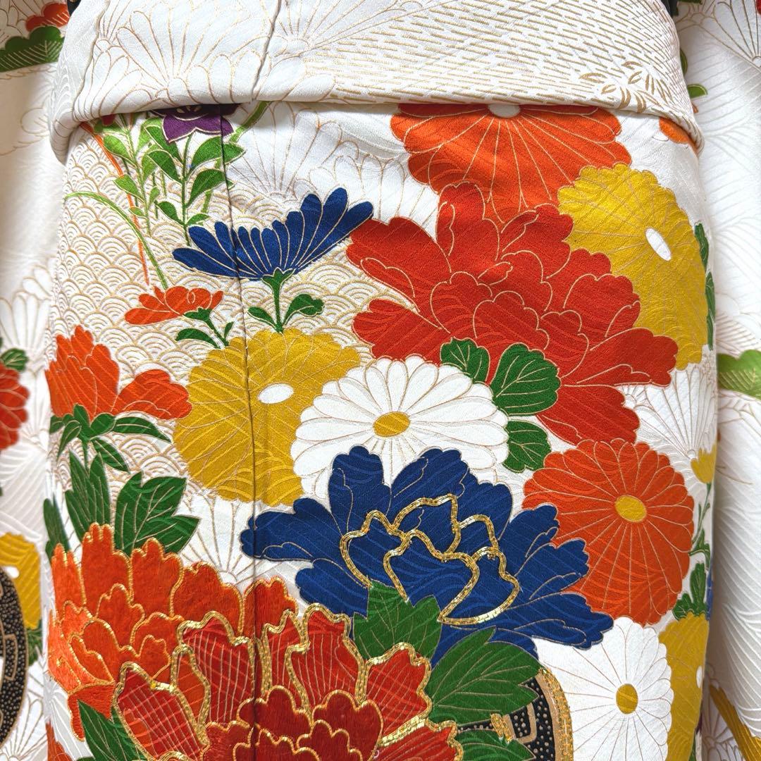6 振袖フルセット 正絹 オフホワイト 橙 金彩 駒刺繍 刺繍 レトロ 古典